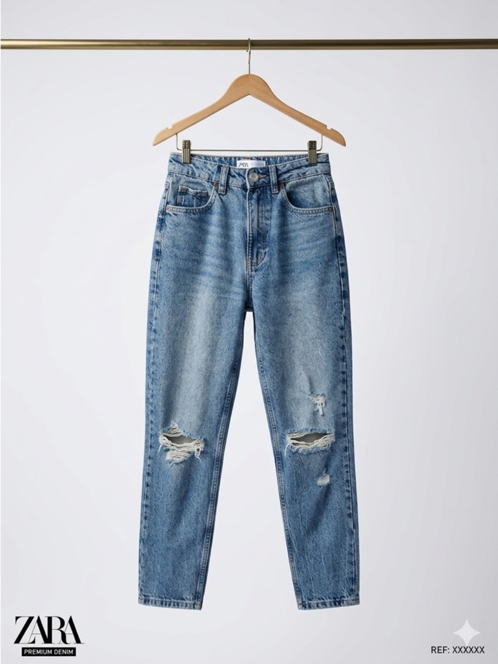 Zara Z1975 High Rise Mom Fit Ripped Knee Jeans - Blue - Size 0